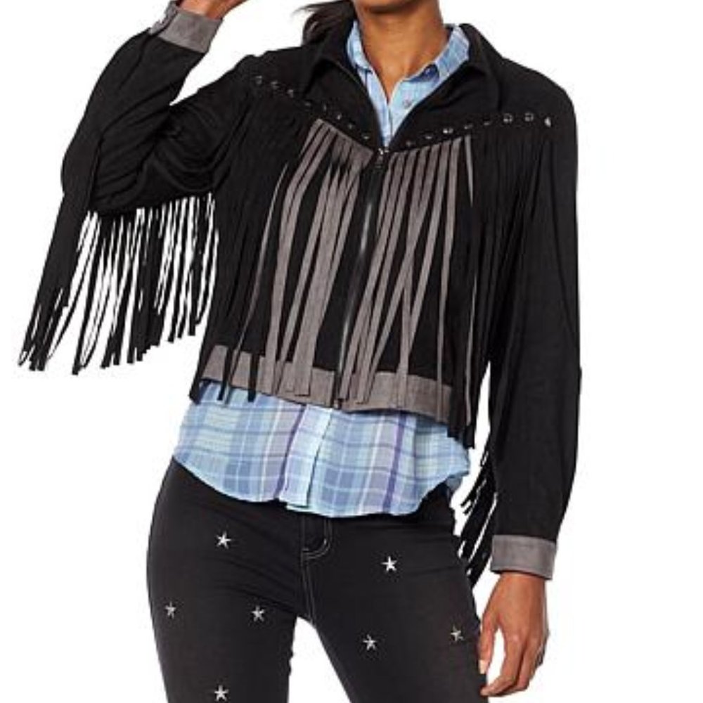 Sheryl Crow Black & Gray Faux Suede Fringe Western Festival Season Jacket XL-